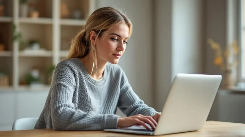Frau lernt am Laptop in einem hellen Wohnzimmer mit Blick auf grüne Baeume in Bergisch Gladbach